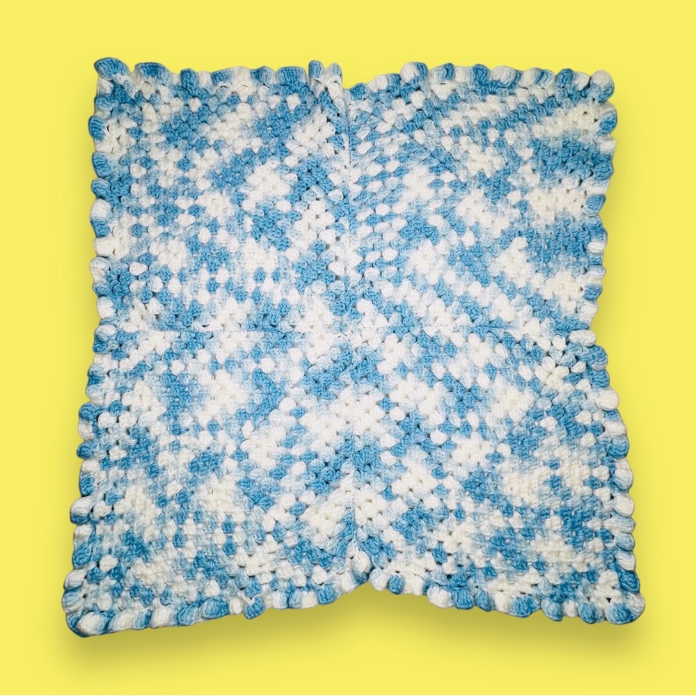 Hand Crocheted Table Cloth Baby Blanket Doily Ambre Blue White Decor 30" x 30"